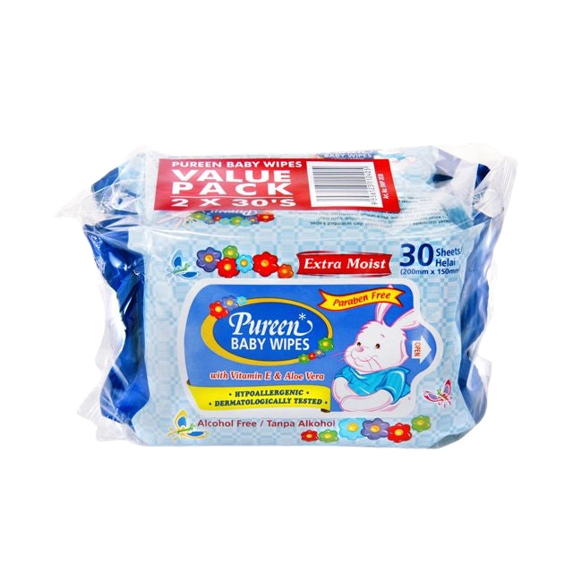 PUREEN BABY WIPE EXTRA MOIST VITAMIN E & ALOE VERA ALCOHOL FREE BLUE 30SX2