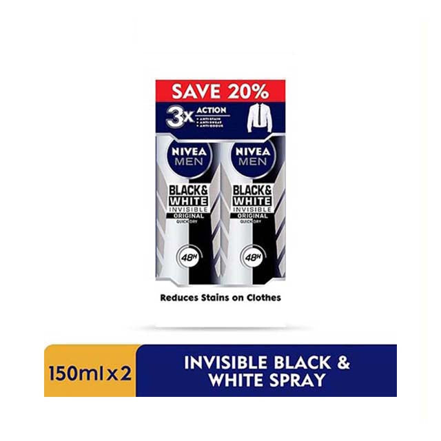 NIVEA FOR MEN DEODORANT BLACK+WHITE SPRAY 150ML 2S