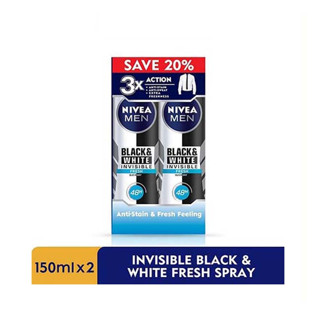 NIVEA FOR MEN DEODORANT BLACK & WHITE FRESH + ANTIBACTERIAL SPRAY 150ML 2S
