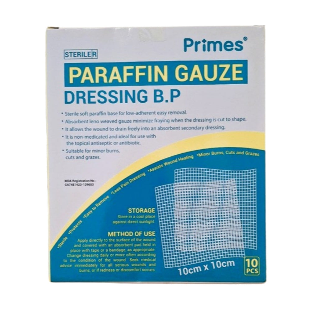 PRIMES PARAFFIN GAUZE DRESSING W/O CHLORHEXIDINE 10CMX10CM 10S