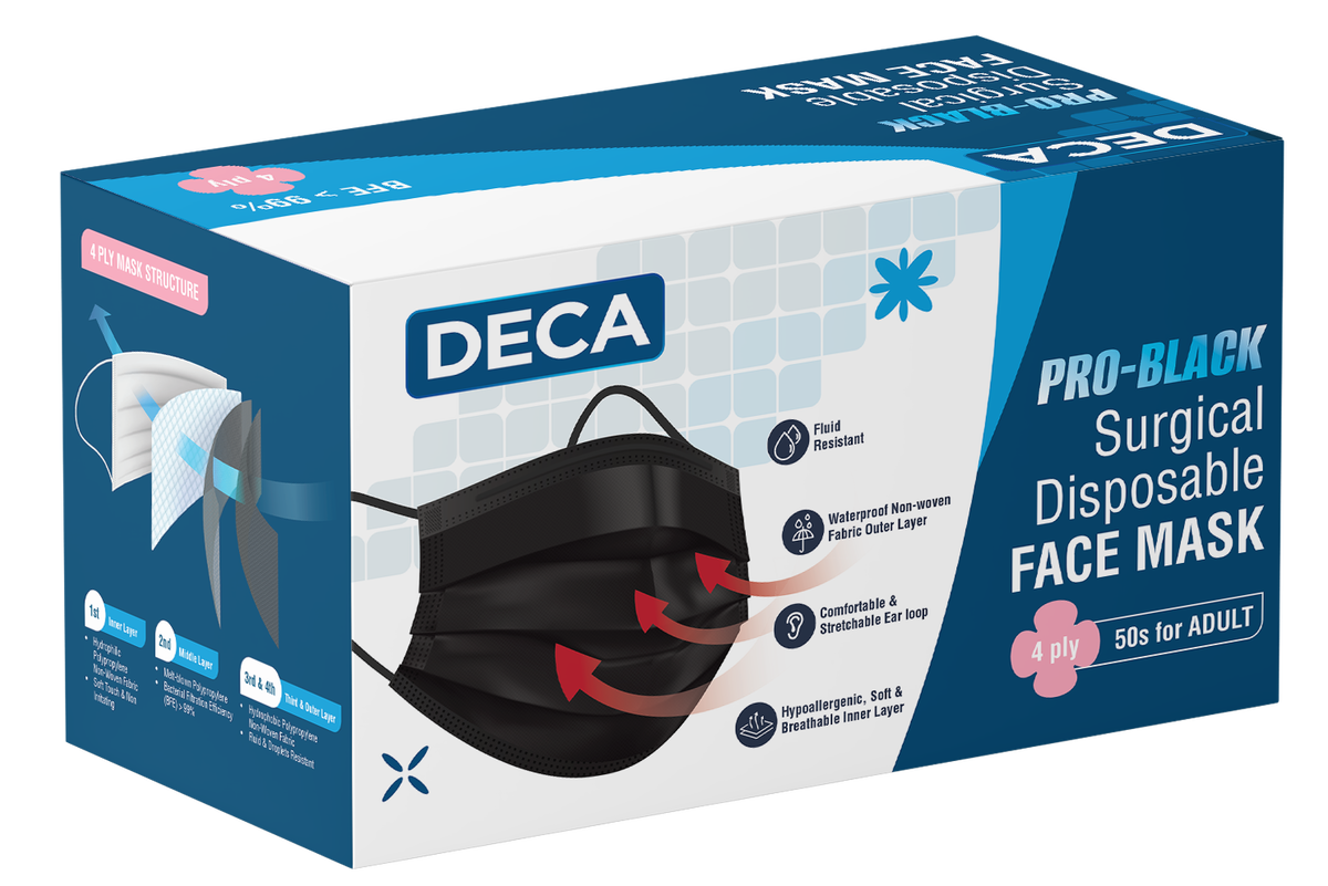 DECA PRO BLACK 4PLY SURGICAL DISPOSABLE FACE MASK 50S