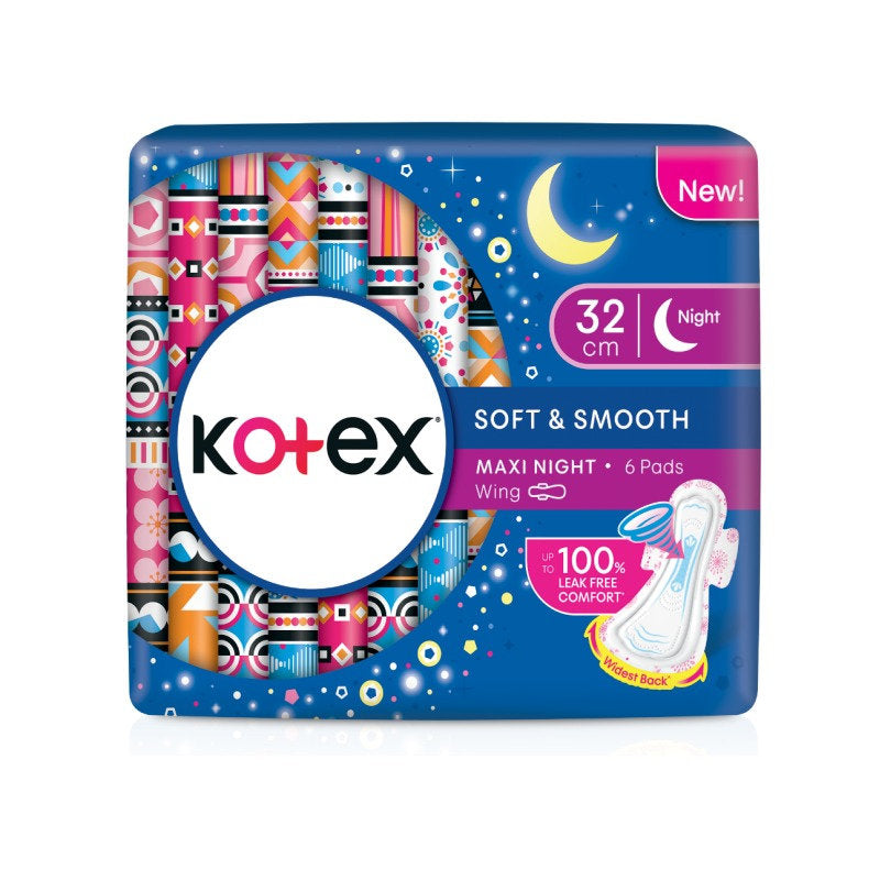 KOTEX SOFT & SMOOTH MAXI NIGHT 5 IN 1 PROTECTION 32CM WING 6S