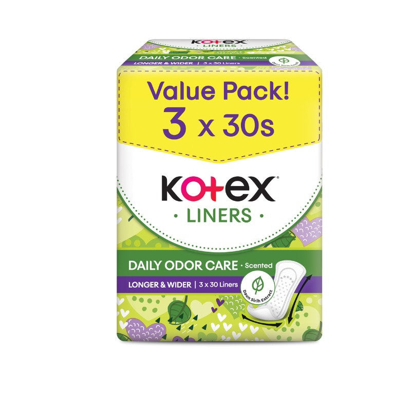 KOTEX PANTYLINER DAILY ODOR CARE LONGER & WIDER SCENTED DAUN SIRIH 17.5CM 30SX3