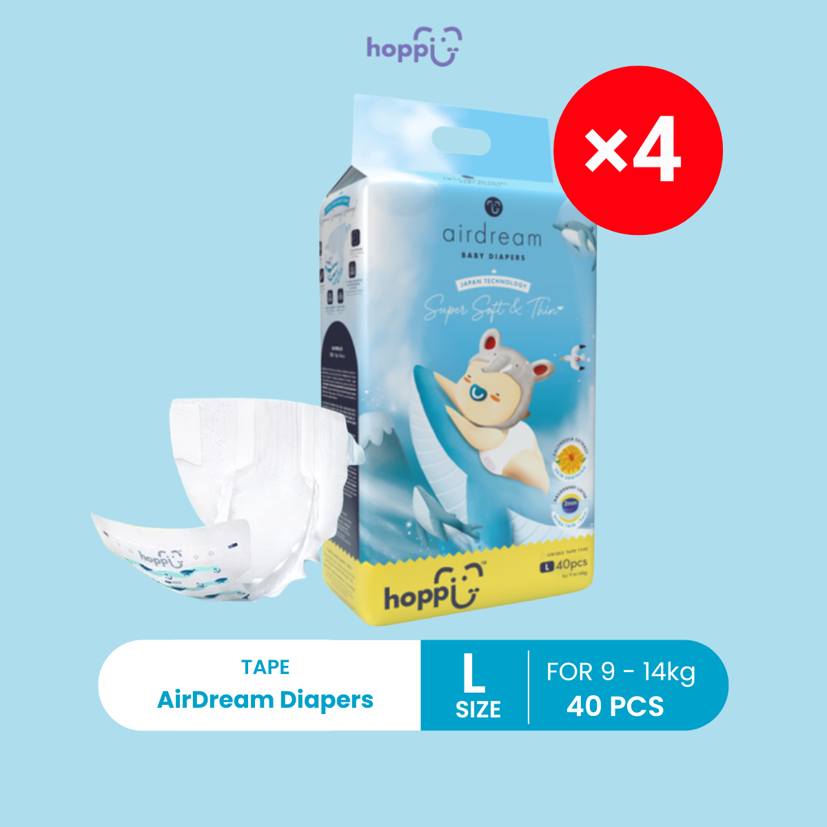 HOPPI TAPE DIAPERS L 40S X 4