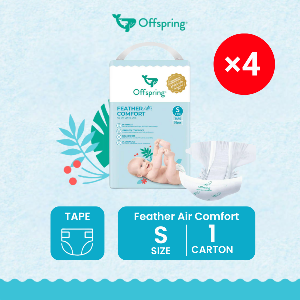 OFFSPRING FEATHER AIR COMFORT TAPE DIAPER M 48S X 4