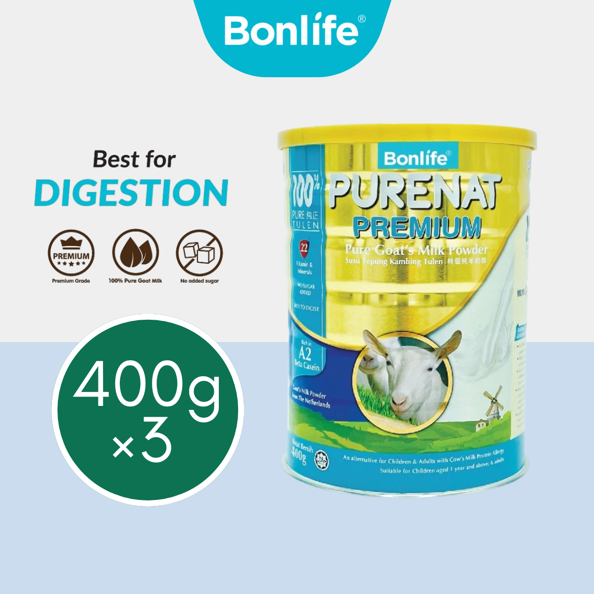 BONLIFE Purenat Premium Goat Milk Powder 400g x 3