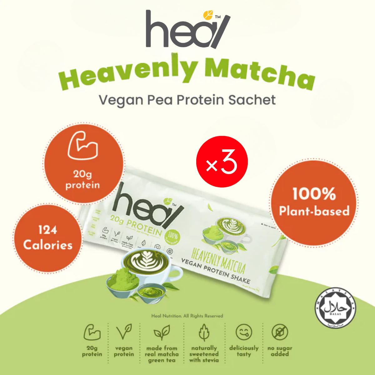 HEAL HEAVENLY MATCHA VEGAN PROTEIN 33G x 3