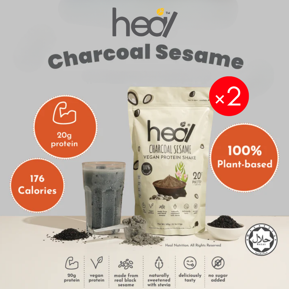 HEAL CHARCOAL SESAME VEGAN PROTEIN SHAKE 585G × 2