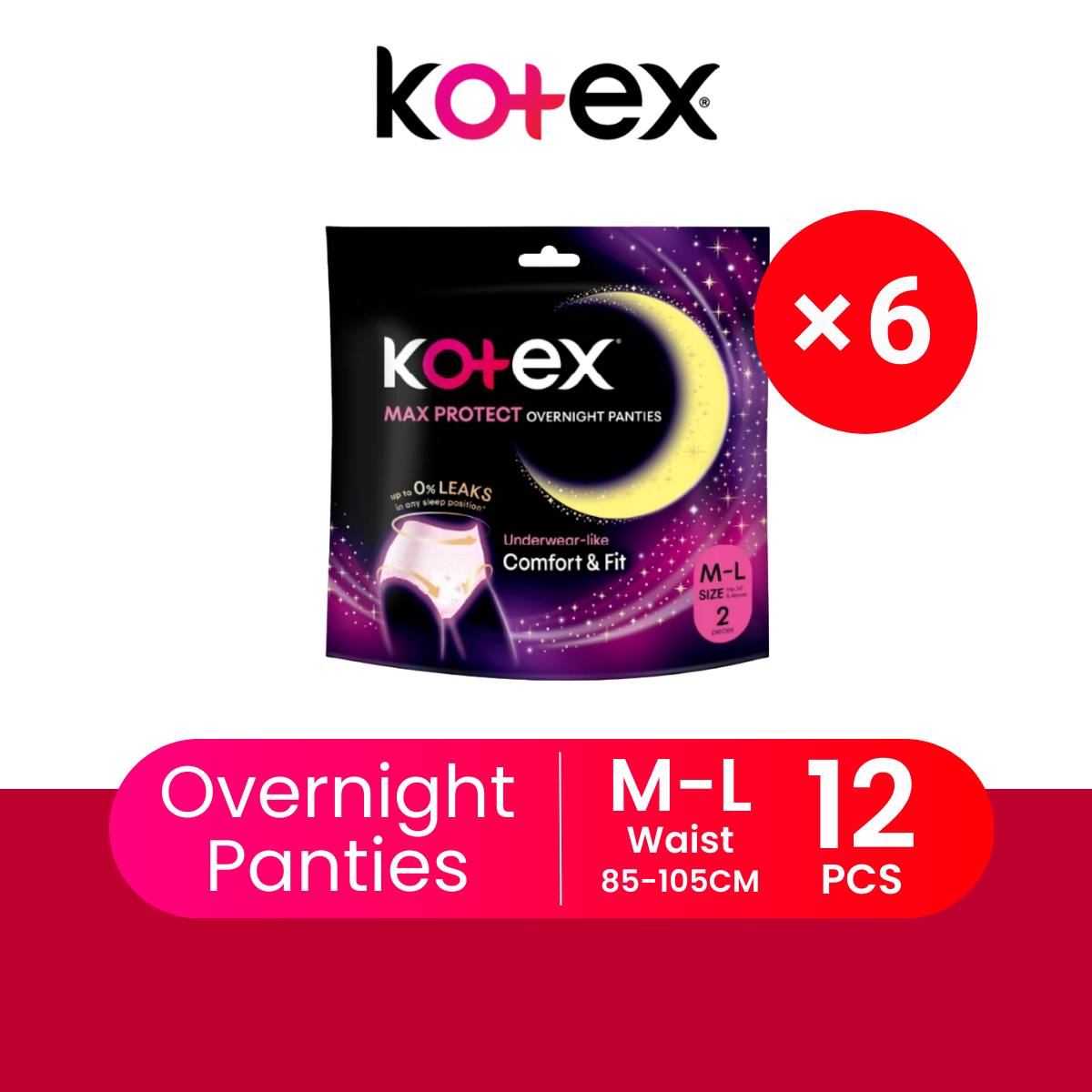 KOTEX OVERNIGHT PANTIES M/L 2S × 6