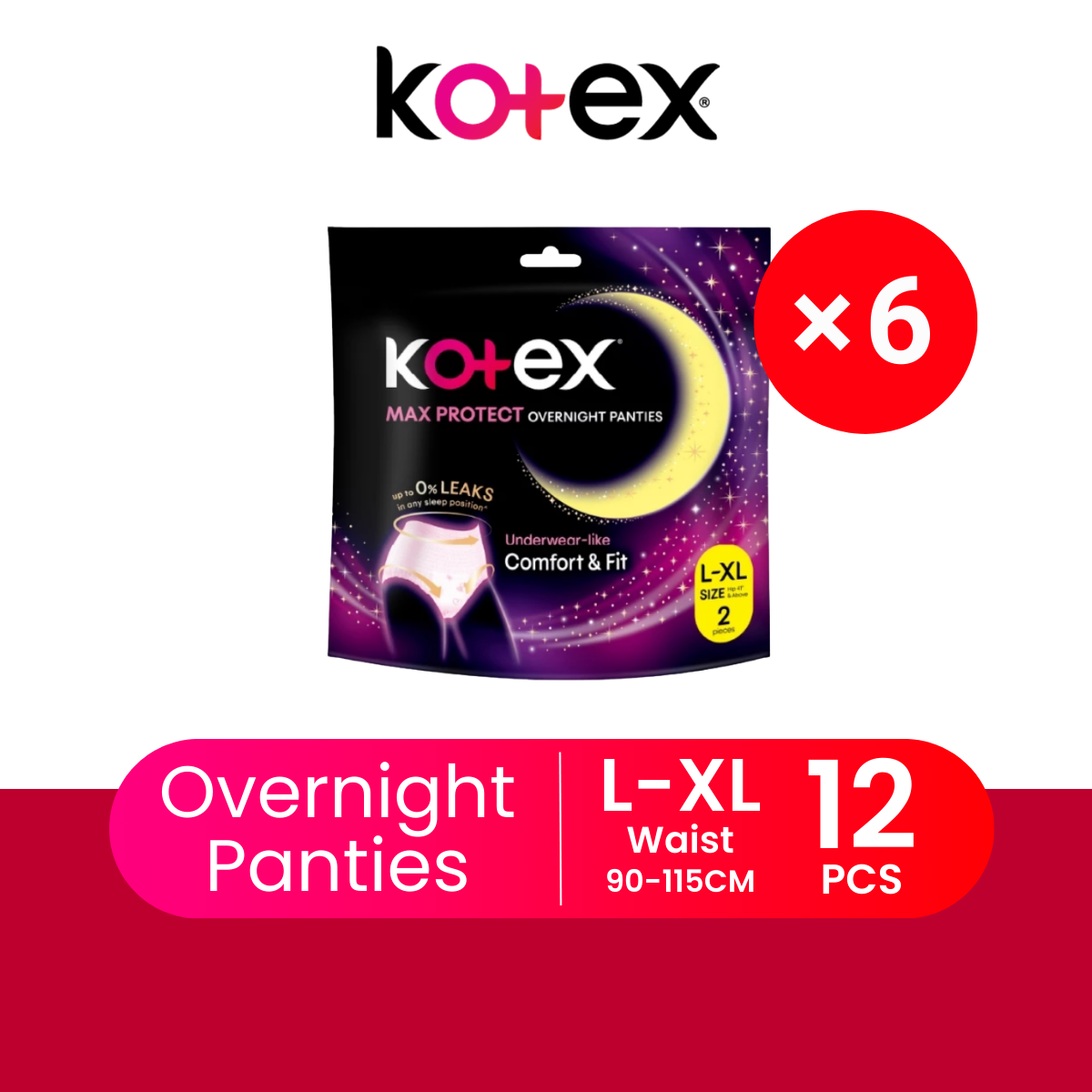 KOTEX OVERNIGHT PANTIES L/XL 2S × 6
