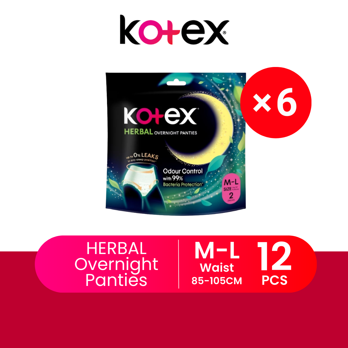 KOTEX OVERNIGHT PANTIES HERBAL M/L 2S × 6