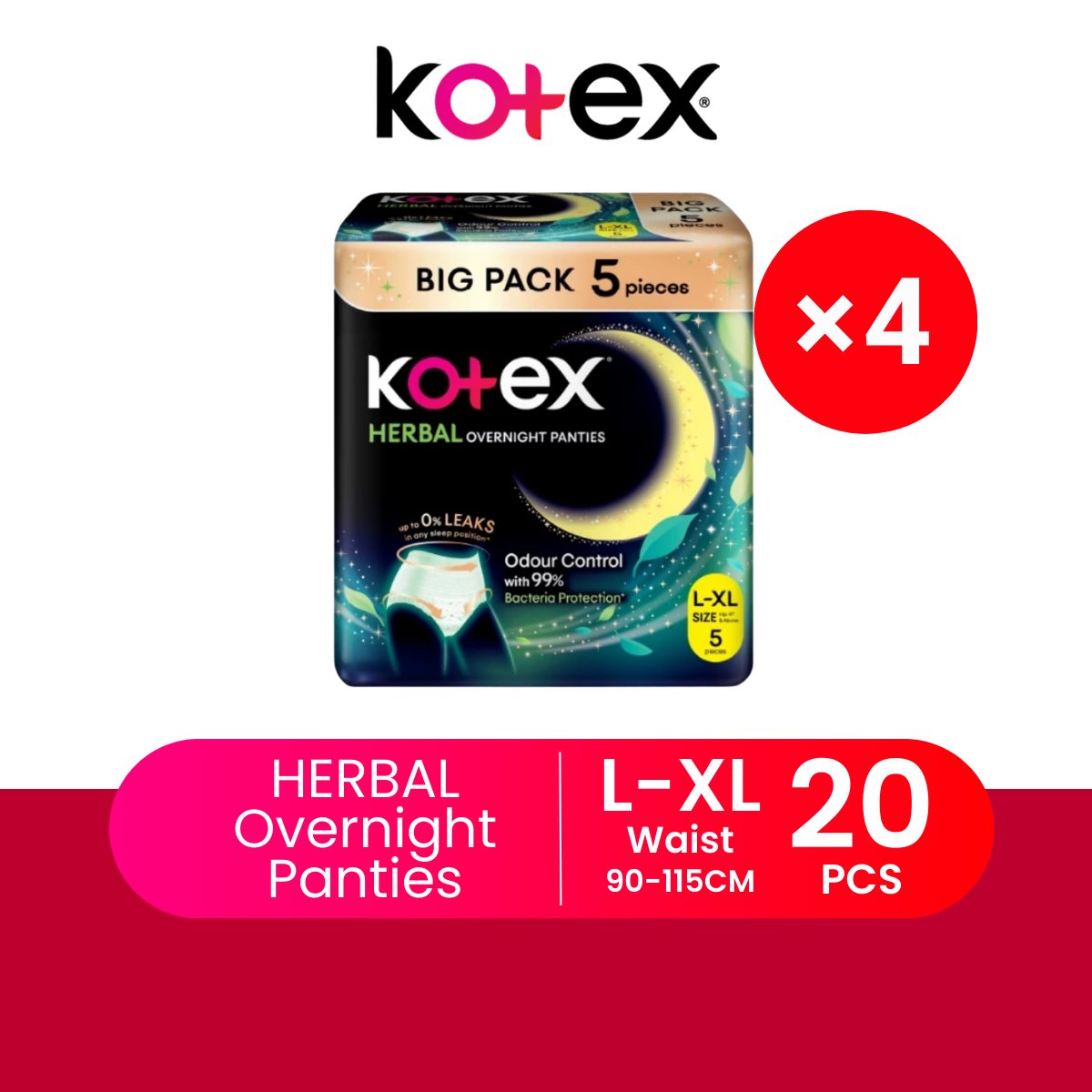 KOTEX OVERNIGHT PANTIES HERBAL L/XL 5S × 4