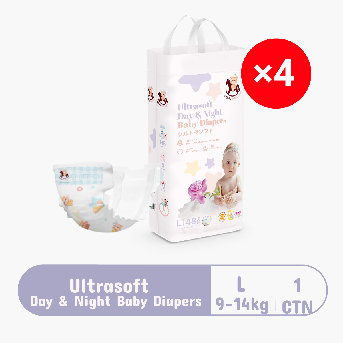 ICONIC BABYCARE ULTRASOFT DAY & NIGHT BABY DIAPERS L 48S × 4