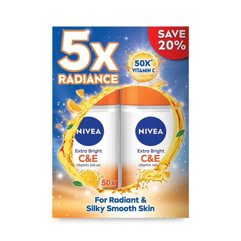 NIVEA DEODORANT EXTRA BRIGHT C&E VITAMIN ROLL ON 50ML 2S
