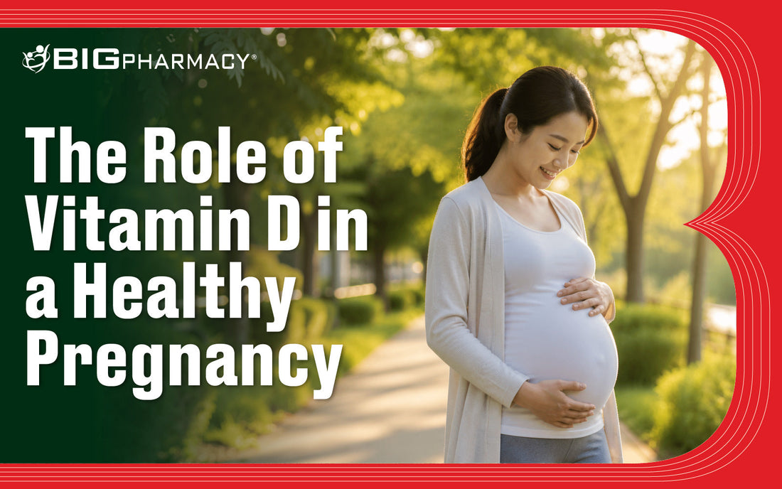 Pregnant woman with vitamin D-rich foods and prenatal supplements