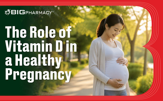 Pregnant woman with vitamin D-rich foods and prenatal supplements