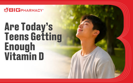 Malaysian teenagers outdoors with vitamin D-rich foods such as salmon, eggs, mushrooms and fortified milk
