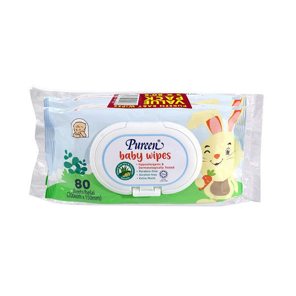 PUREEN BABY WIPE EXTRA MOIST VITAMIN E & ALOE VERA ALCOHOL FREE BLUE 80SX2
