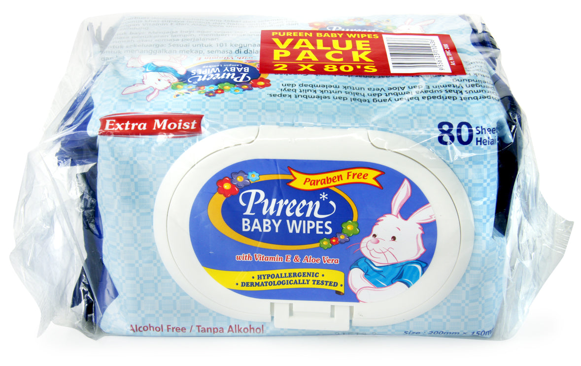 PUREEN BABY WIPE EXTRA MOIST VITAMIN E & ALOE VERA ALCOHOL FREE BLUE 80SX2