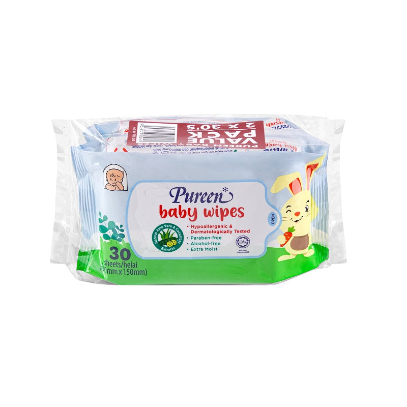 PUREEN BABY WIPE EXTRA MOIST VITAMIN E & ALOE VERA ALCOHOL FREE BLUE 30SX2