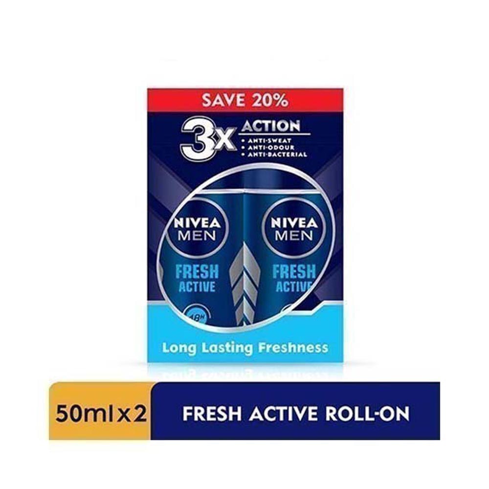 NIVEA FOR MEN DEODORANT FRESH ACTIVE ROLL ON 50ML 2S