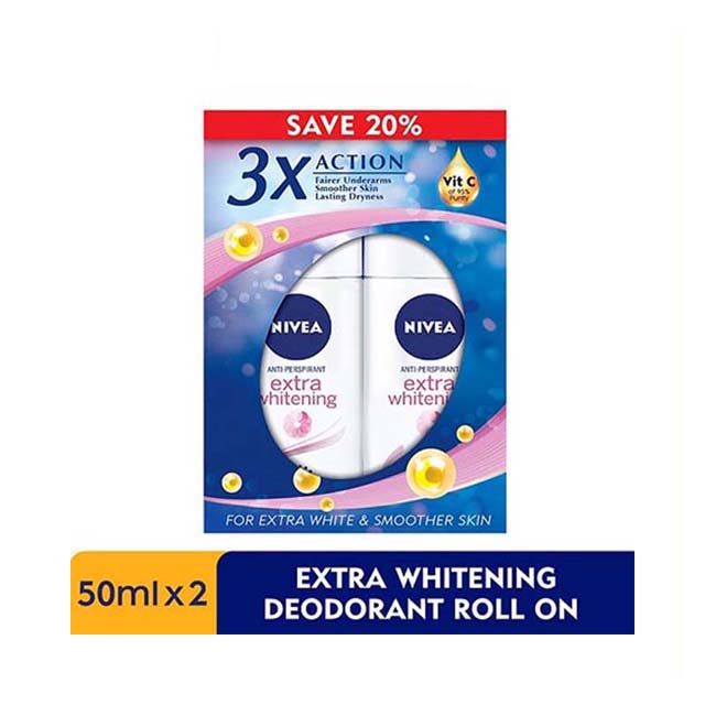NIVEA DEODORANT EXTRA WHITE PORE MINIMIZER ROLL ON 50ML 2S