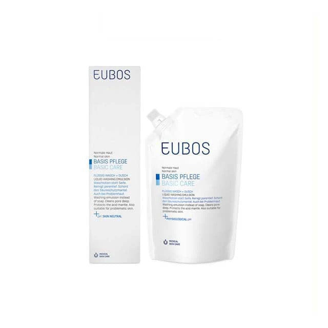 EUBOS BASIC LIQUID WASH EMULSION FRAGRANCE FREE BLUE 400ML + REFILL 400ML