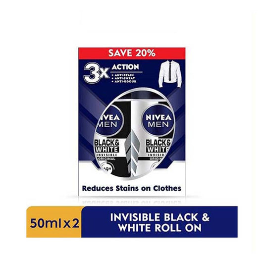 NIVEA FOR MEN DEODORANT BLACK+WHITE ROLL ON 50ML 2S