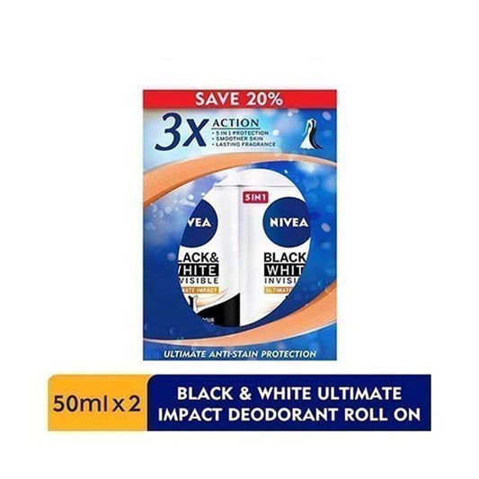 NIVEA DEODORANT FEMALE BLACK & WHITE ULTIMATE IMPACT ROLL ON 50ML 2S