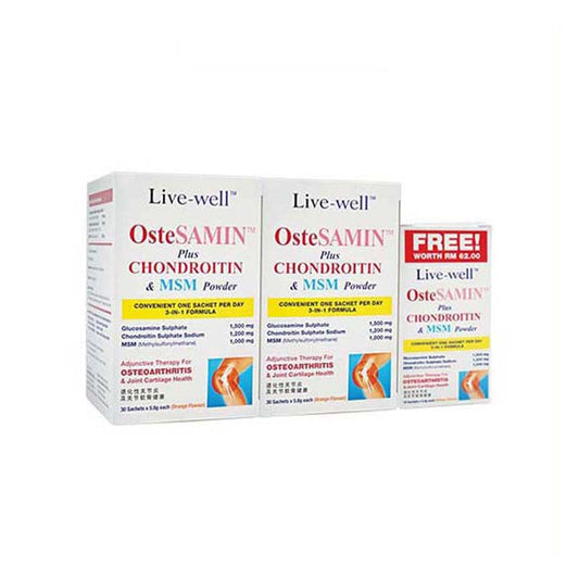 LIVE WELL OSTESAMIN PLUS CHONDROITIN & MSM POWDER SACHET 5.8G 30SX2+10S (V/PACK)