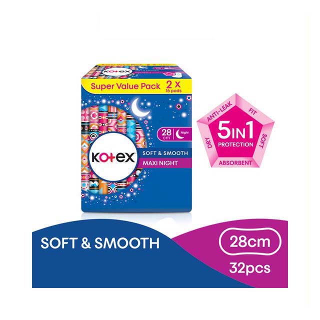 KOTEX SOFT & SMOOTH OVERNIGHT NON WING 28CM 16SX2