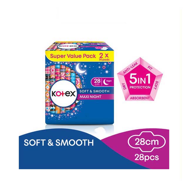 KOTEX SOFT & SMOOTH OVERNIGHT WING 28CM 14SX2