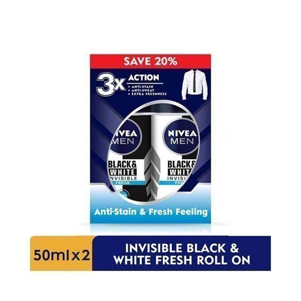 NIVEA FOR MEN DEODORANT BLACK+WHITE FRESH+ANTIBACTERIAL ROLL ON 50ML 2S