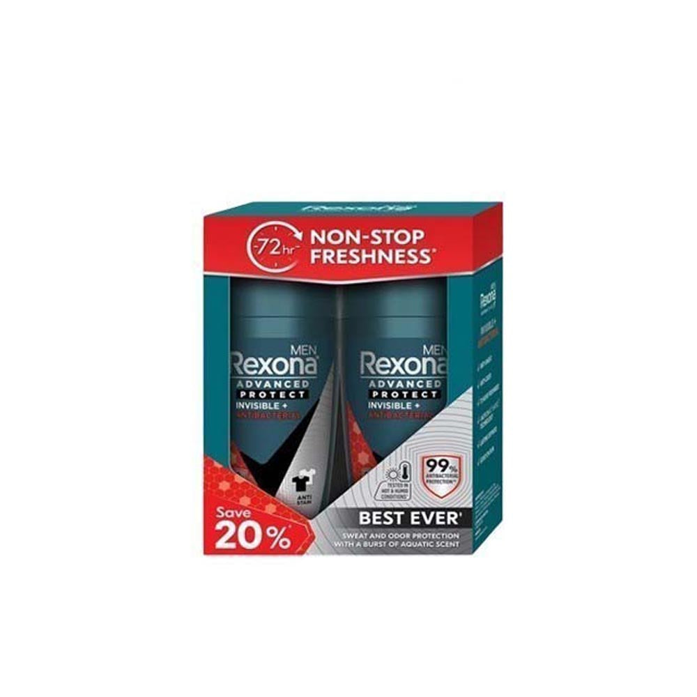 REXONA MEN DEODORANT ROLL ON ADVANCED PROTECT INVISIBLE+ANTIBACTERIAL 45ML 2S