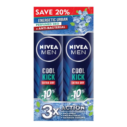 NIVEA FOR MEN DEODORANT COOL KICK EXTRA DRY ENERGY FRESH SPRAY 150ML 2S