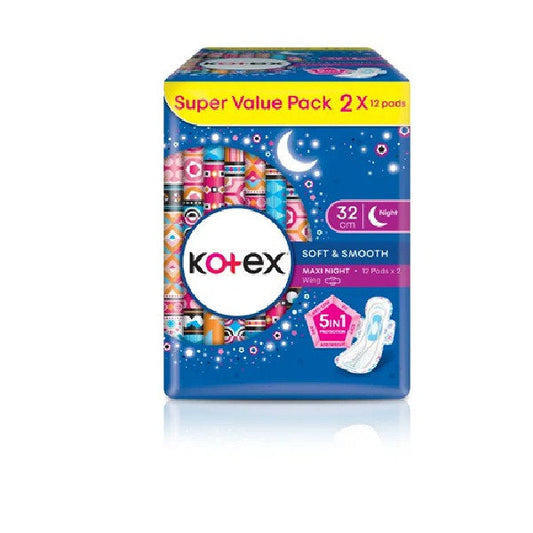 KOTEX SOFT & SMOOTH MAXI NIGHT 5 IN 1 PROTECTION 32CM WING 12S