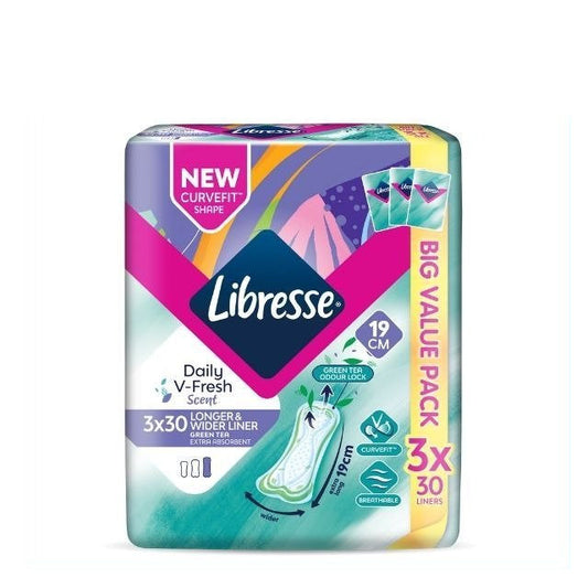 LIBRESSE DAILY V-FRESH SCENT GREEN TEA LONGER & WIDER 19CM PANTYLINER 30SX3