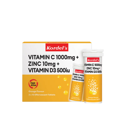 KORDELS  VIT C 1000MG+ZINC10MG+VIT D3 500IU EFFERVESCENT ORANGE 30S