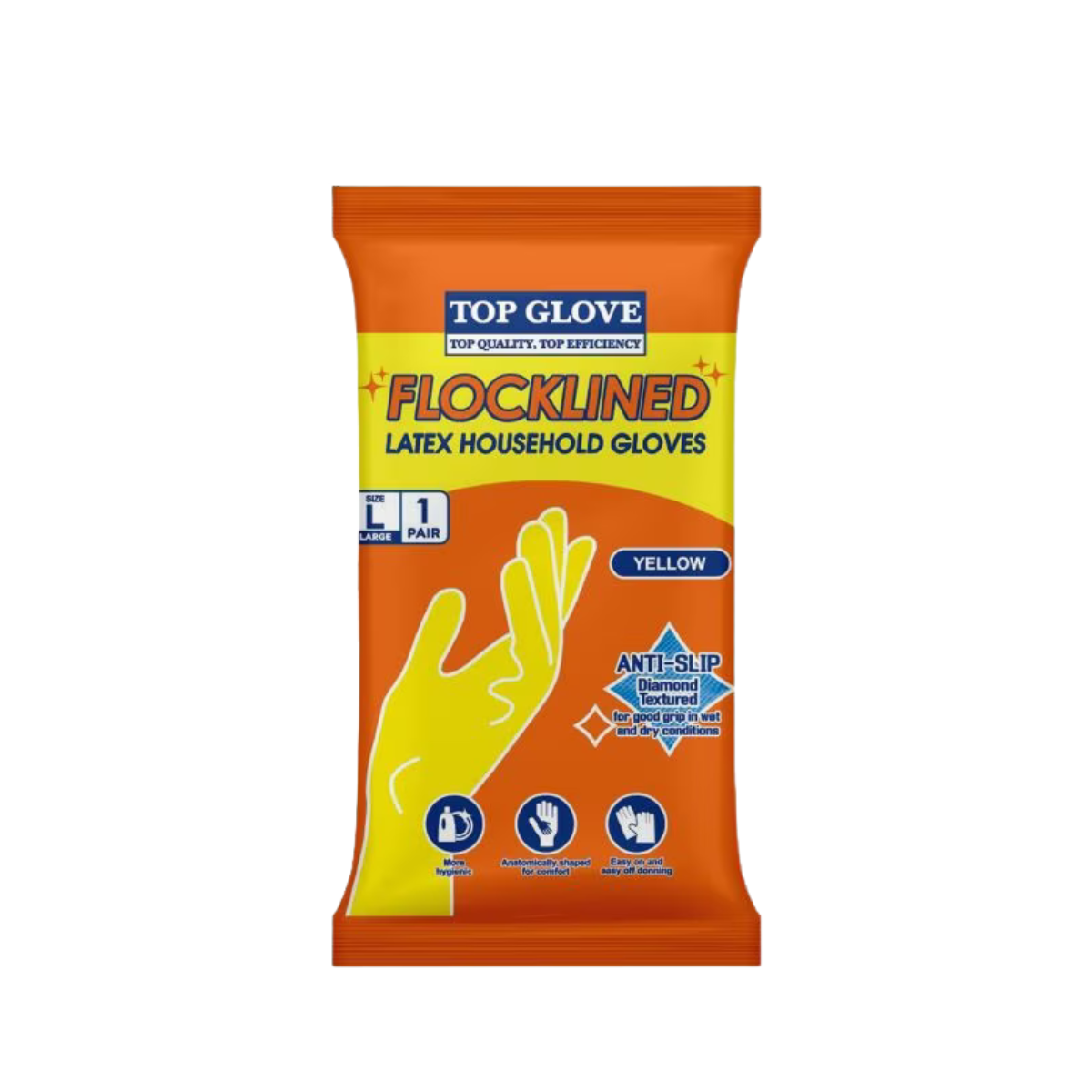 TOP GLOVE FLOCKLINED LATEX HOUSEHOLD GLOVES YELLOW L 1P
