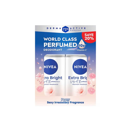 NIVEA DEODORANT EXTRA BRIGHT FRAGRANCE VELVET ROMANCE ROLL ON 50ML 2S