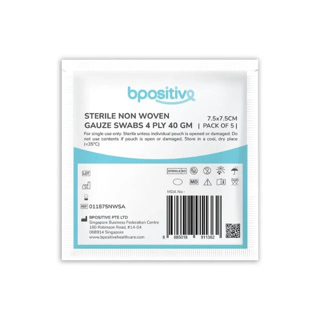 BPOSITIVE STERILE NON WOVEN GAUZE SWABS 7.5CMX7.5CM 4PLY 5S