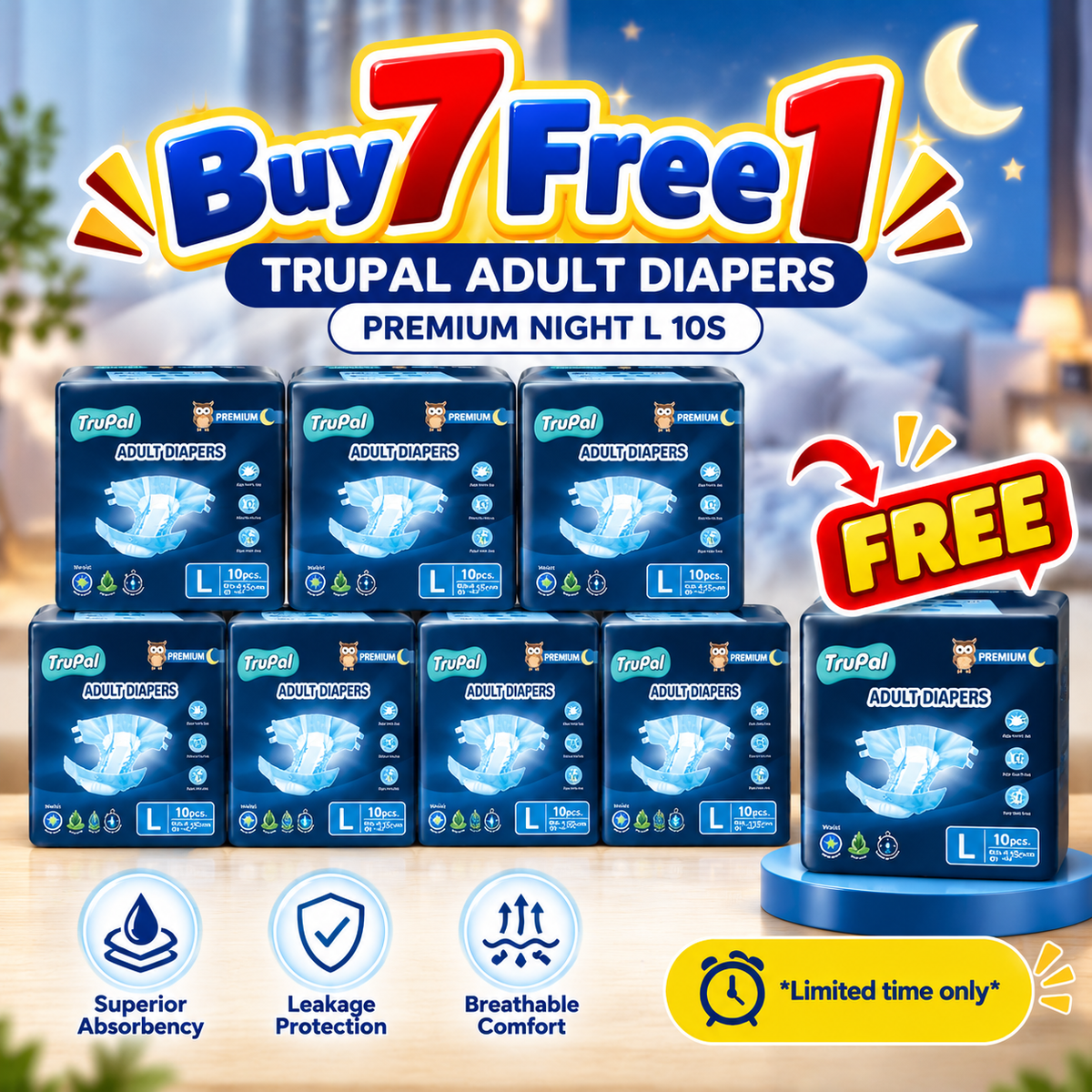 TRUPAL ADULT DIAPERS PREMIUM NIGHT L 10S
