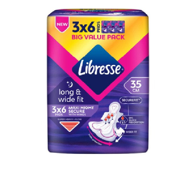 LIBRESSE LONG & WIDE FIT MAXI NIGHT SECURE 35CM WINGS 6S