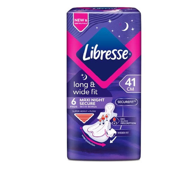 LIBRESSE LONG & WIDE FIT MAXI NIGHT SECURE 41CM WINGS 6S