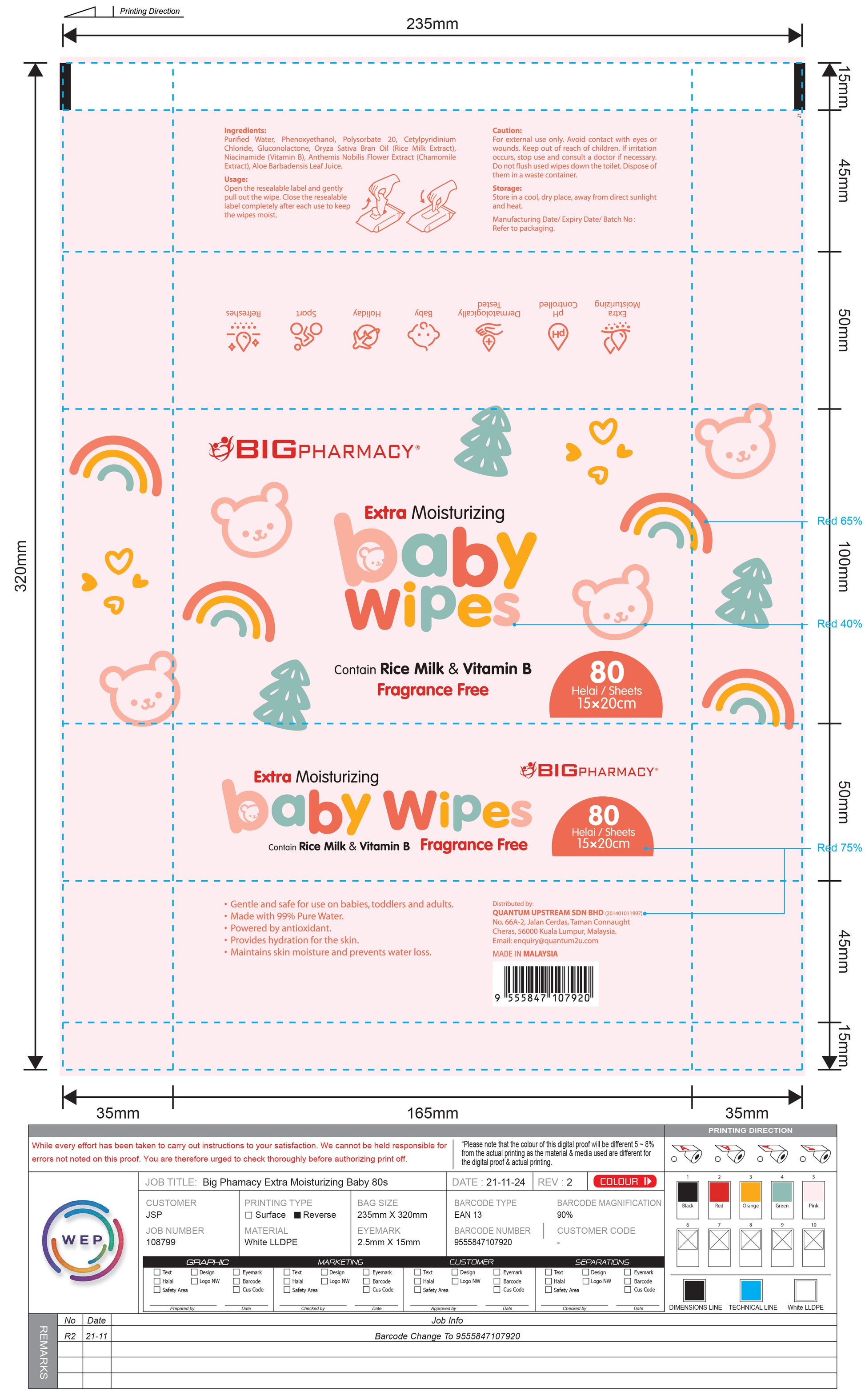 BIG EXTRA MOISTURISING BABY WIPESFRAGRANCE FREE 80SX2