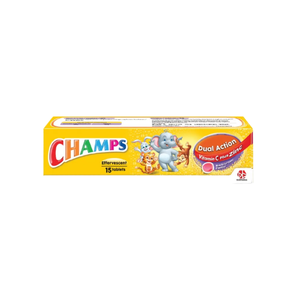 CHAMPS EFF DUAL ACTION VIT C+ZINC BLACKCURRANT 15S
