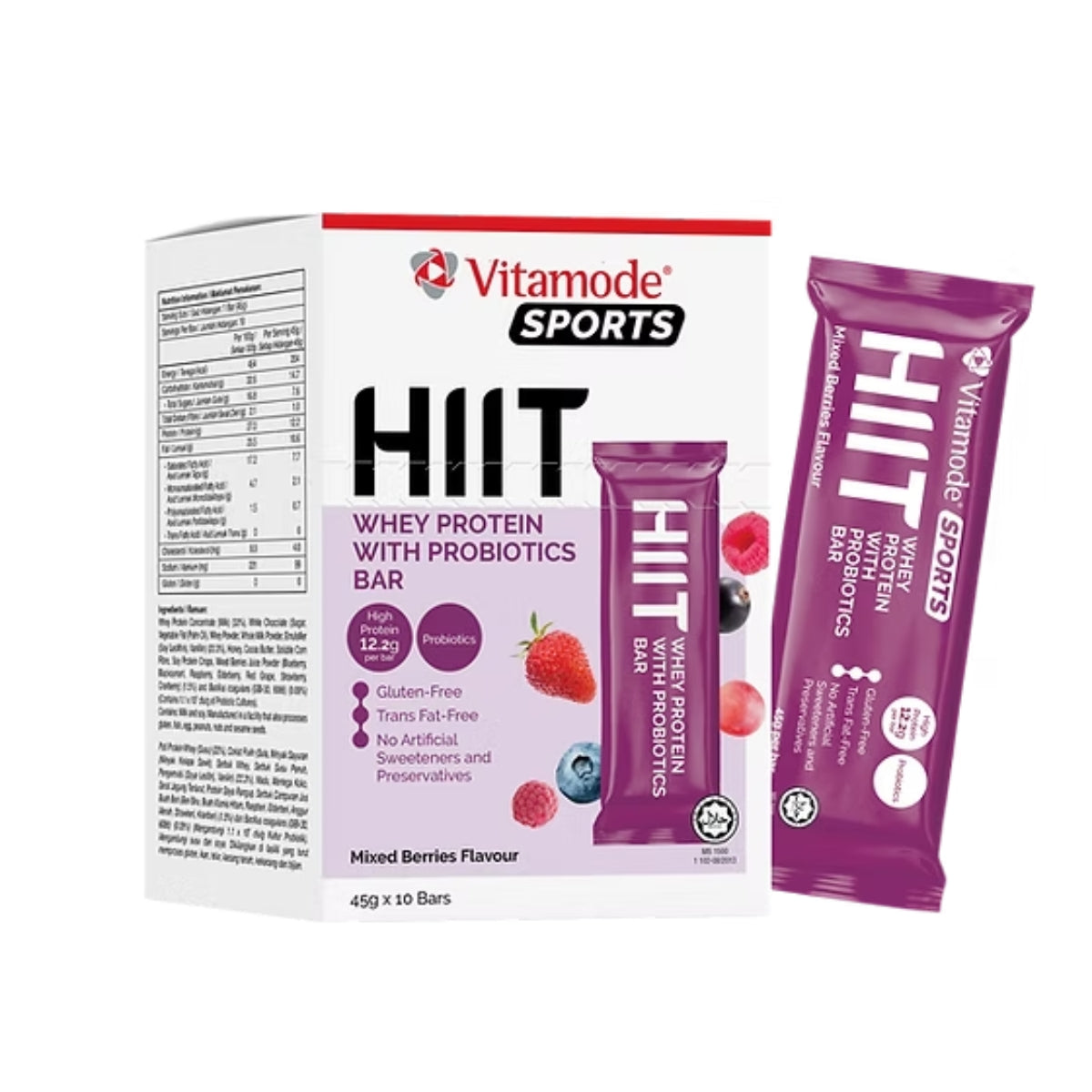 VITAMODE SPORTS HIIT WHEY PROTEIN WITH P ROBIOTICS BAR MIXED BERRY FLAVOUR 10S