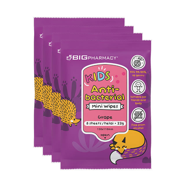 BIG KIDS ANTIBACTERIAL MINI WIPES GRAPE SCENTED 8SX4
