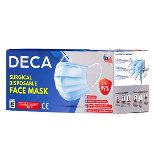 DECA BLUE AD 3PLY SURGICAL DISPOSABLE FACE MASK 50S