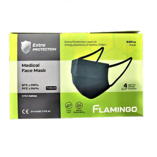 FLAMINGO 4PLY TYPE IIR FACE MASK  (TRFM-BLACK) (BLACK COLOR) 50S